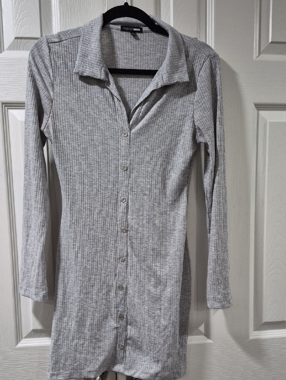 Fashion Nova Light Gray Ribbed Button-Front Long Sleeve Dress